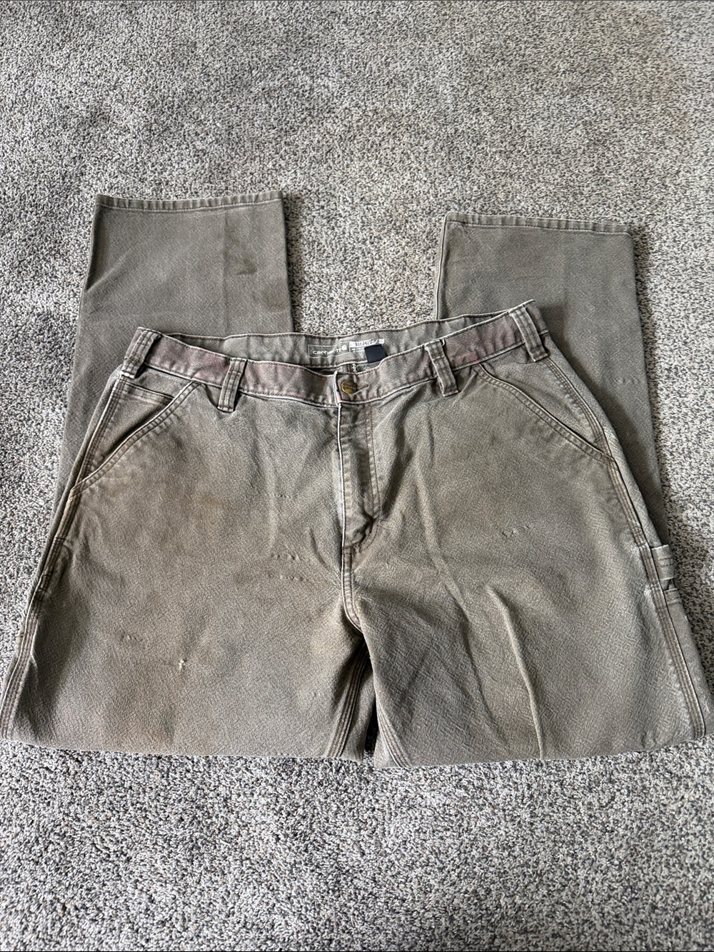 Vintage Distressed Men's Olive Green Carhartt Pants Durable Canvas Chore 38x32
